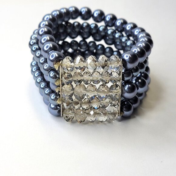 Grey Faux Pearl Stretch Bracelet 5 Strand Wide Faux Pearl Elastic Bracelet - Picture 1 of 8